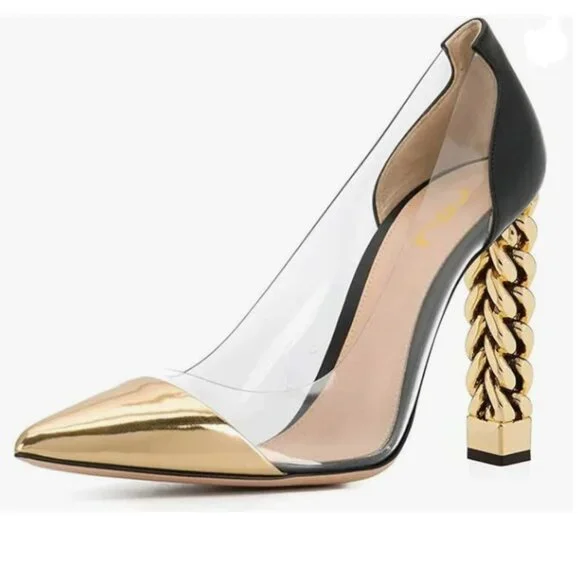 FSJ Gold Clear Gold Metal Chain Chunky High Heel Pointed Toe Slip On Pumps - Picture 1 of 8